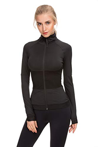 Wosalba Women Running Gym Active Wear Jacket Full Zip Up Stand Collar with Back Pocket Black