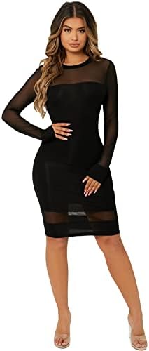 knee length dresses for ladies Black Mesh Ruched Long Sleeve Bodycon Dress main image 1