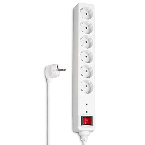 47778 Multipresa 6 Posizioni Schuko con Protezione Bambini e Tasto Accensione, Cavo 1.4 Metri, Bianco
