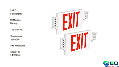 Ultra Slim Red Exit Sign, 120-277V Double Face LED Combo Emergency Light with Adjustable Two Head and Backup Battery Commercial Grade, Fire Resistant UL Certified, 5 Years Warranty- 2 Pack