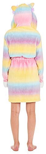 [- Girls Fleece Unicorn Rainbow Multicoloured Dressing Gown Luxury Flannel Hooded Novelty Animal Fa