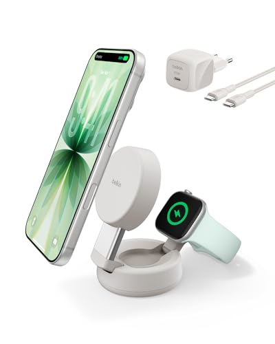UltraCharge Chargeur MagSafe 2-en-1, Socle De Recharge Qi2.2 25 W Aimanté Et Pliable pour iPhone 17, Apple Watch Series 10, Pixelsnap, etc. (Adaptateur 45 W Inclus, Beige