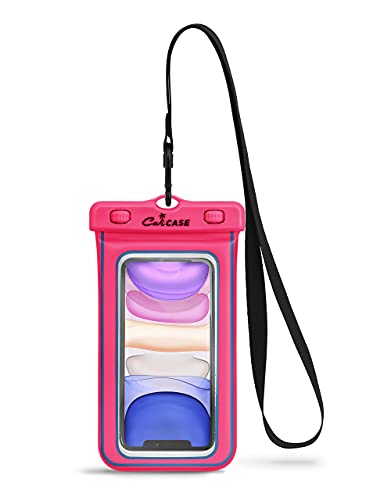 CaliCase Extra Large Waterproof Floating Phone Pouch - IPX8 Waterproof Floating Phone Case with Lanyard for iPhone X-15/ S20-S24/ Pixel 1-8 - Pink Glow in The Dark
