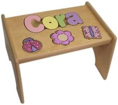 babykidsbargains Personalized Puzzle Step Stool for Kids - Garden Wooden Name Stool (1-8 Letters) | Handcrafted Natural Wood Furniture Bench with Pastel Cutout Alphabets | Unique Gifts for Kids