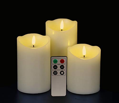 Eywamage Ivory Flameless Pillar Candles with Remote, Flickering Realistic Wax LED Battery Candles Set of 3, Φ 3" H 4" 5" 6" - Thumbnail 7