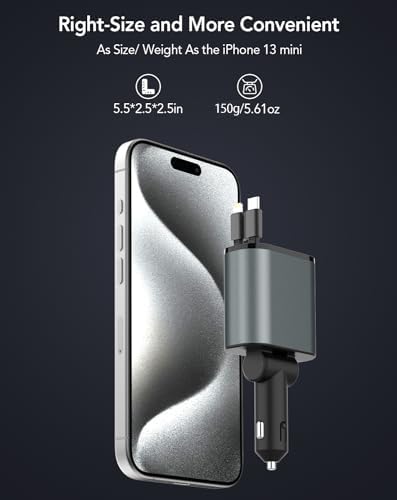 RETRACTABLE CAR CHARGER, 4 IN 1 FAST CAR PHONE CHARGER 66W, 2 RETRACTABLE CABLES AND USB CHARGING, FATHERS DAY FOR GIFTS DAD COMPATIBLE WITH IPHONE 14/13/12/11,USB PORT FOR GALAXY S25/S24/S23,PIXEL