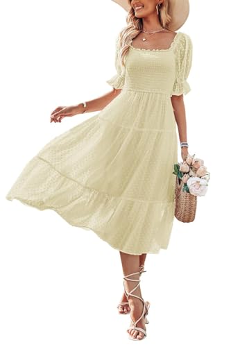 MEROKEETY Women's 2025 Bohemian Summer Flowy Tie Back Puff Short Sleeve Square Neck Beach Midi Dress, Beige, M