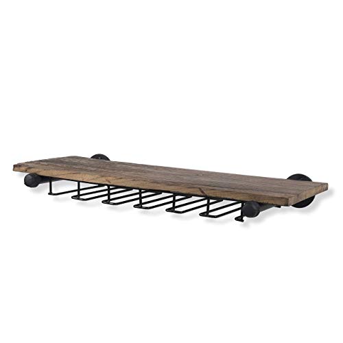Rustic Wall Floating Shelf Stemware Holder Wine Rack Reclaimed Wood with Pipe Industrial Pipe Brackets Walnut