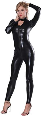 Soholulu Women Double Zipper Faux Leather Jumpsuit Turtleneck Jacket Body Motorcycle Uniform Catsuit Clubwear, L