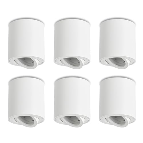 YindaLux Pack of 6 Surface-Mounted Spotlights, White, 30° Swivelling Surface-Mounted Spotlight with GU10 Socket, Diameter 80 x 84 mm, Aluminium Surface-Mounted Ceiling Spotlights, 230 V Surface Mounted Light for Bedroom, Office, Hotel, Round (without GU10 Lamp)