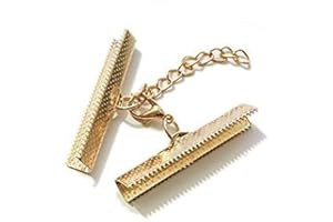 Zhiteng 10 Set Ribbon Clamp Crimp Ends Beads Flat Cover with Lobster Claw Swivel Clasps Extension Chain Jump Rings Cords End Caps String Leather Clip Necklace Bracelet Connectors (KC Gold Crimp 40mm)