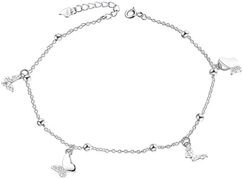 Women Anklet 925 Sterling Silver Butterfly Ball 25cm/10" 3A Cubic Zirconia Adjustable Anklet,Summer Beach Foot Jewelry For Girls - Nickel Free