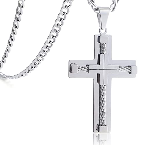 KOMI Men's Silver Color Cross Pendant Stainless Steel Crucifix Necklace for Men With 24 Inches Chain