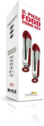 YuKilux kitchen tongs 2-set, salad tongs grill tongs with premium stainless steel grips and FDA-approved silicone tips, dishwasher safe, smart lock and hang system, for BBQ, salad, baking. Red