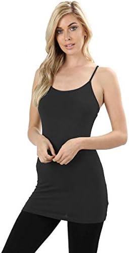 Women's Long Tank Camisole Top with Adjustable Spaghetti Straps and Built-in Self Bra, Sizes S, M, L, XL