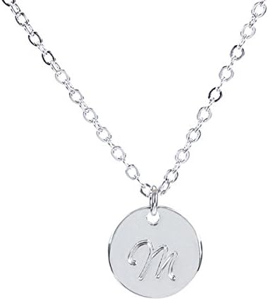 BR Small Script Initial Necklace Silver Initial Disc Necklaces Alphabet Jewelry (Silver M)