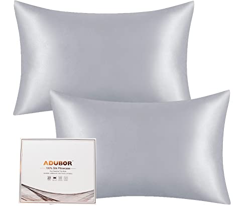Adubor Mulberry Silk Pillowcase 2 Pack for Hair and Skin with Hidden Zipper, Both Side 23 Momme Silk, 900 Thread Count (Toddler 19.5 * 13.5 inch, Silver Gray)