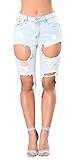 FISACE Women's Light Blue Ripped Hole Mid Waist Jeans Denim Shorts Cropped Jeans
