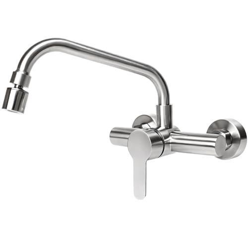 FALSKT Wall Mounted Kitchen Tap 360° Swivel Stainless Steel Kitchen Tap Wall Mixer Cold and Hot Water Outlet Can Rotate for Kitchen, Bathroom, Garden (Silver)