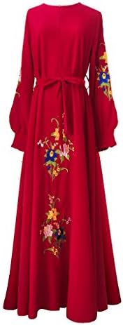 Vaycally Muslim Dresses for Women Floral Printed Loose Robe Clothing New Elegant Long Sleeve Party Maxi Dress Islamic Wear Without Hijab Trumpet Sleeve Abaya Long Skirt Robe Gowns Tunic Belt Red