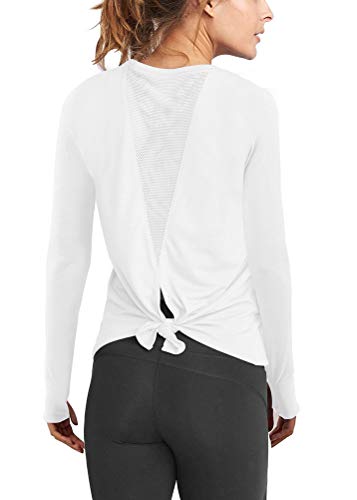 Mippo Women's Fall Wokout Tops Sexy Long Sleeve T Shirt Yoga Tops Loose Fit Open Back High Neck Scoop Neck Exercise Running Shirts Sports Gym Workout Clothes with Thumb Hole White S