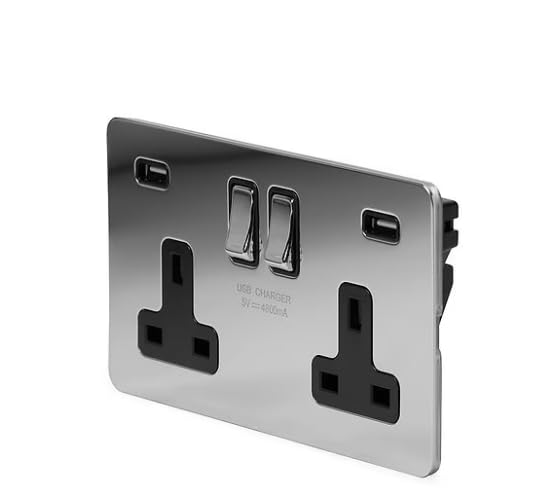2 Gang Socket with USB, Double Switched Power Wall Plug Socket with USB Ports, Screwless, Chrome, 13A, 4.6A USB| Soho Lighting