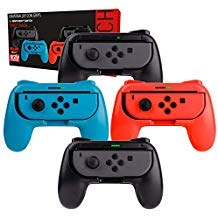 Switch Controller Grips (Party Pack of 4X Orzly Grip Attachments, Super Smash Bros Switch Compatible, for Nintendo Switch JoyCon Controllers) Four Grips (1x Red, 1x Blue, 2X Black)