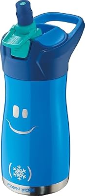 Garrafa de água infantil 430 ml, em aço inoxidável, reutilizável, tampa de bastão com botão de trancamento, isolamento térmico, design ergonómico com pega, fácil de limpar, cor azul