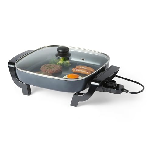 Amazon Basics Electric Skillet and Frying Pan with Glass Lid, Nonstick Ceramic Coating, 12 x 12 inches, Black
