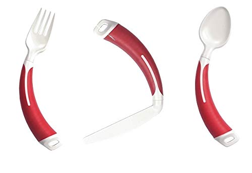 Curved Cutlery - Adult Eating Aid - Full Set of Light Weight Angled Cutlery (Left Hand, Red)