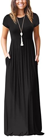 ZIKKER Women Short Sleeve Solid Color Loose Plain Long Maxi Dress Casual Pockets Dresses Black Small