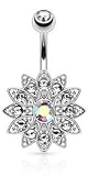 Paved Gems Flower with Center CZ 316L 14GA Navel Belly Ring (Clear/Aurora Borealis Cz)