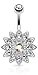 Paved Gems Flower with Center CZ 316L 14GA Navel Belly Ring (Clear/Aurora Borealis Cz)
