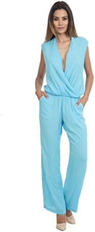 Wenessa Women's V Neck Jumpsuit (Large, Turquoise Blue)