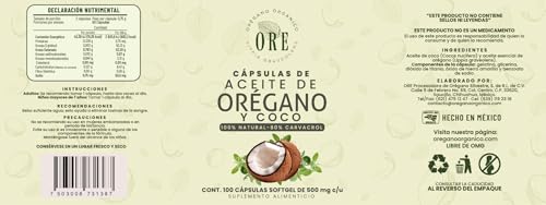 ORE Aceite de Orégano y Coco, 100 Cápsulas Softgel, 500 mg, Suplemento Natural, Orgánico, Aceite de Orégano con 80% Carvacrol y Aceite de Coco