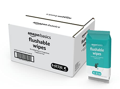 AMAZON BASICS FLUSHABLE ADULT TOILET WIPES, FRAGRANCE FREE, 42 COUNT (PACK OF 8) (TOTAL 336 WIPES) (PREVIOUSLY SOLIMO)