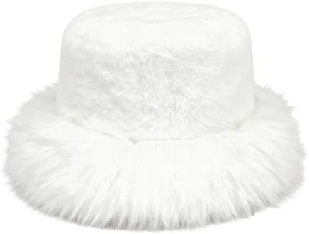 CZEVIP White Faux Fur Furry Bucket Hat Fluffy Warm Cute Winter