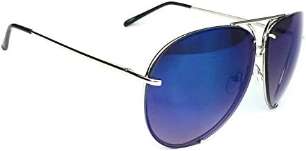 80's Vintage Retro Aviator Design Metal Wire Frame Large Lenses Sunglasses (Silver, Blue)