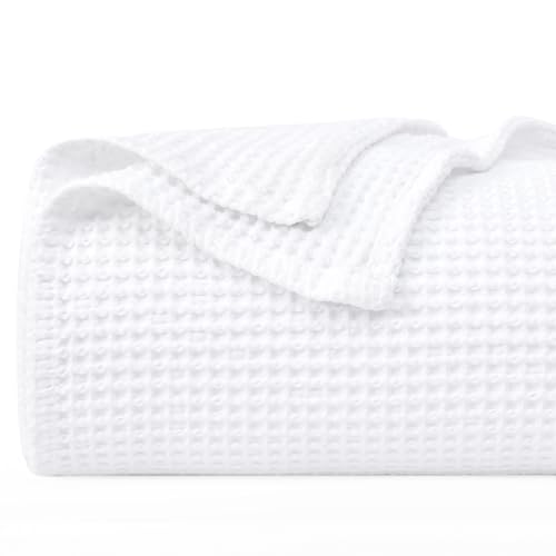 PHF 100% Cotton Waffle Weave Blanket Double Size 150 x 200cm, Pre-Washed Lightweight Breathable Throw Blanket, Oeko-TEX Certified for Bed Sofa, Home Decor, White