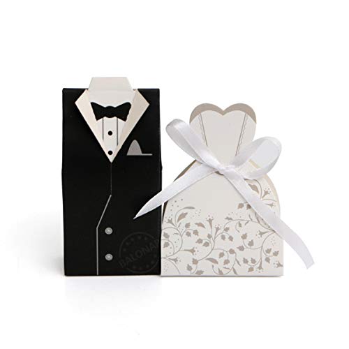 BALONAR 100pcs Wedding Party Gift Box Creative Favor Boxes Candy Bag with Silk Ribbon of Groom Bridal Tuxedo Wedding Dress for Party Supplies Wedding Anniversary Decorations