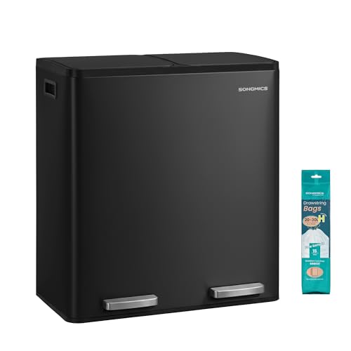SONGMICS Mülleimer Küche, 2 x 30 L, 2 Fächer, Stahl, Softclose-Deckel