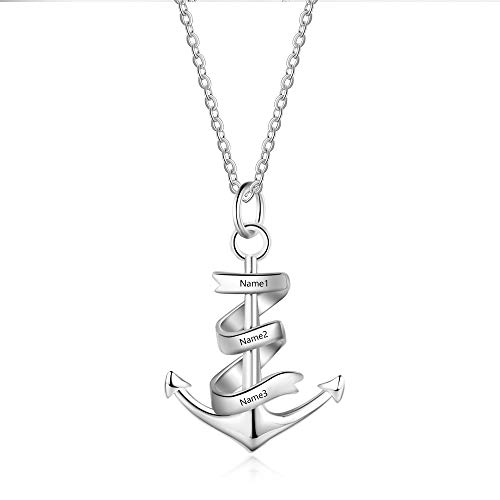 Lam Hub Fong Personalized Anchor Chain Necklace with Anchor Pendant for Women Men Engraving 3 Names ID Necklace Lariat Necklaces for Her (with Engraving)