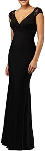 ELLAGOWNS Deep V-neck Lace Long Evening Dress Bridesmaid Gown Black US 10