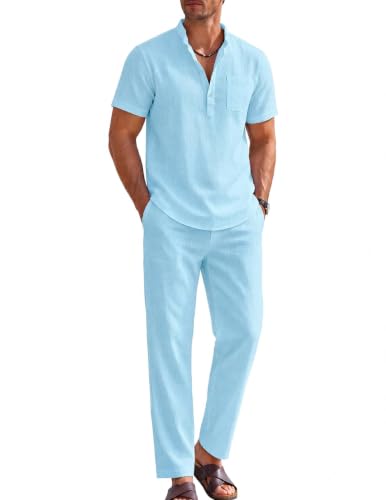 COOFANDY Men's 2 Pieces Cotton Linen Texture Set Casual Short Sleeve Henley Shirts Beach Yoga Pants Summer Outfits at Amazon