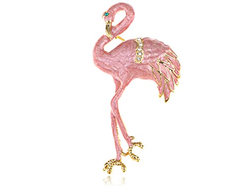 Gold Rose Pink Pearlescent Enamel Flamingo Crane Bird Crystal Rhinestone Brooch Pin