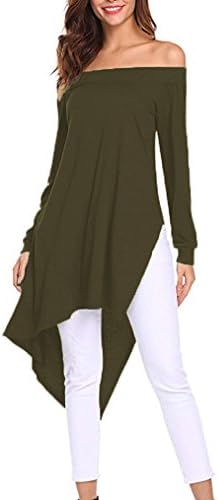 Qearal Women Sexy Off Shoulder Tops Side Slit High Low Casual T Shirts