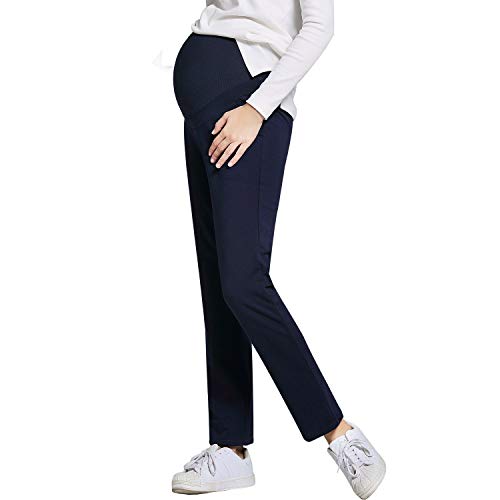 JOYNCLEON Womens Maternity Work Pants Straight Leg Pregnancy Casual Trousers for Pregnant Women (M = US 6-8 Fit Weight 112~132lbs, Navy-US)