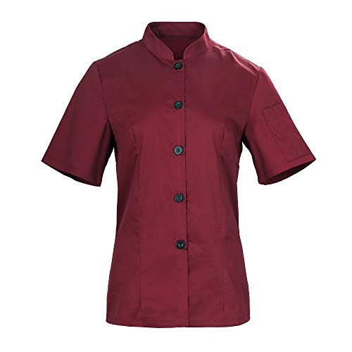 Women's Single-Breasted Chef Coat Short Sleeve Lightweight Chef Jacket, Wine