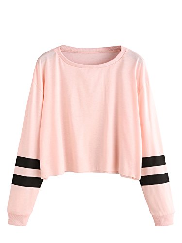 SweatyRocks Women's Striped Long Sleeve Crewneck Crop Top Sweatshirt Pink S