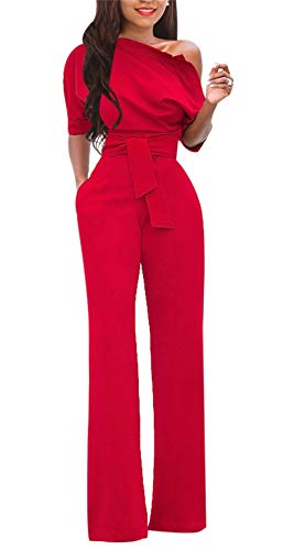 VLUNT Womens Elegant Solid Off Shoulder High Waisted Jumpsuit Romper with Belt for Party Club